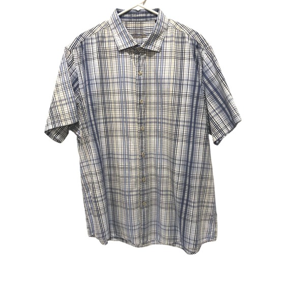 Tasso Elba Mens Blue Plaid XXL Short‎ Sleeve All Cotton Shirt - Picture 1 of 6